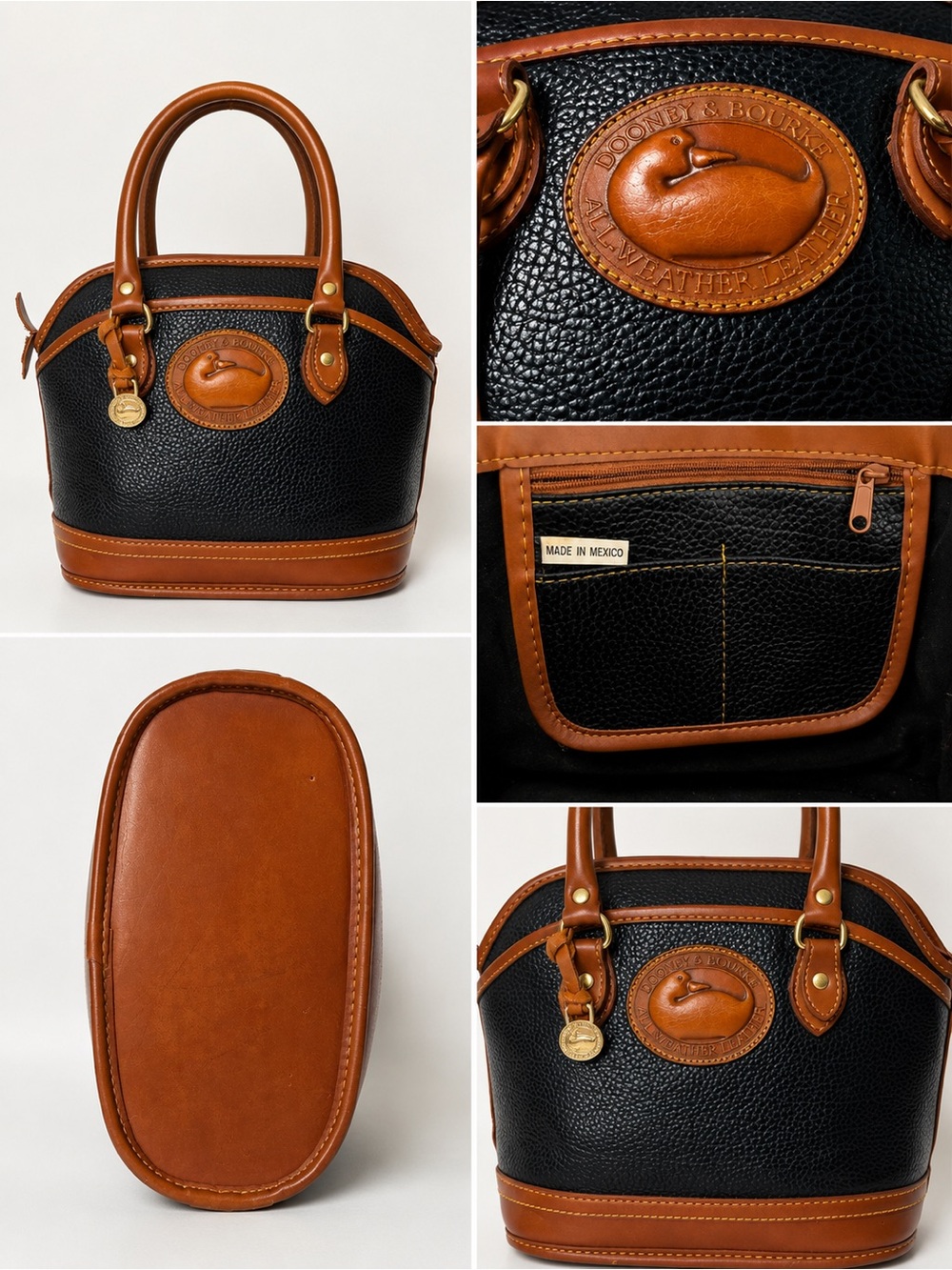 Dooney & Bourke Black Pebbled Leather Satchel with Tan Trim. Vintage 80’s-90’s